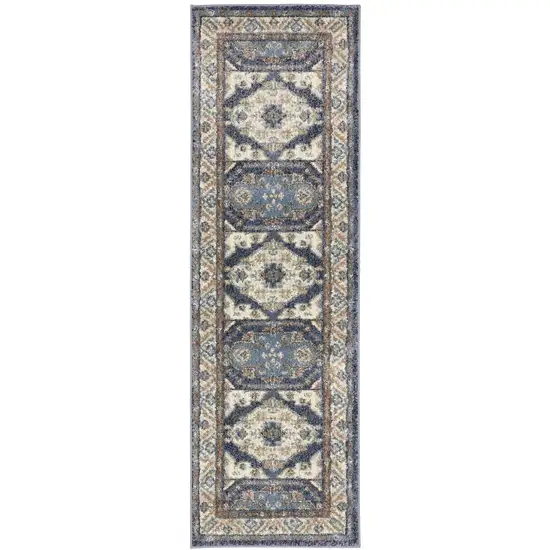 7' Blue And Rust Oriental Runner Rug Photo 2