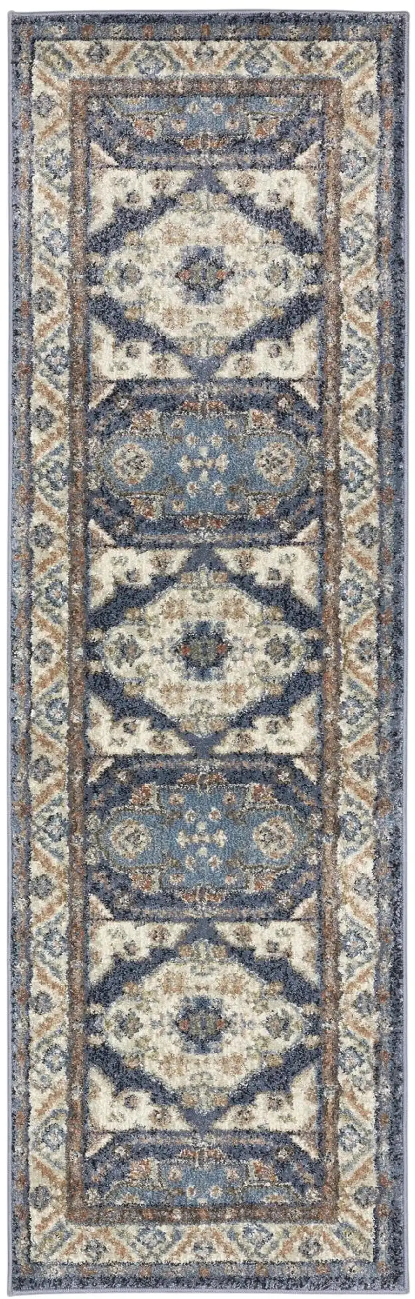 7' Blue And Rust Oriental Runner Rug Photo 2