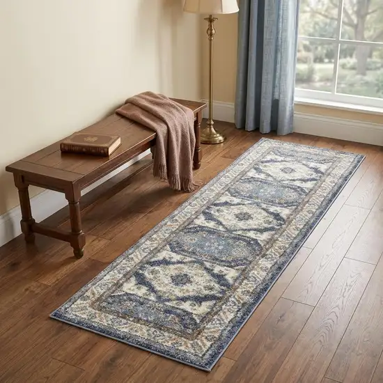 7' Blue And Rust Oriental Runner Rug Photo 1