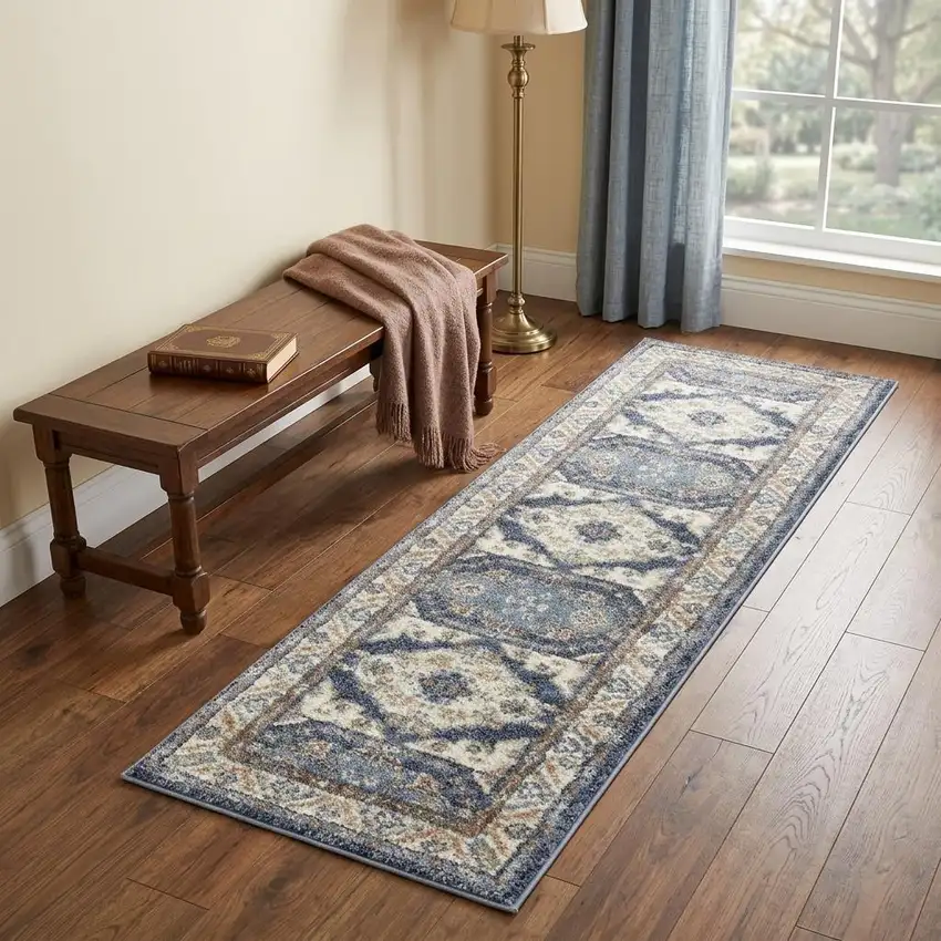 7' Blue And Rust Oriental Runner Rug Photo 1