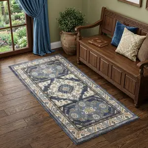 Photo of 7' Blue And Rust Oriental Runner Rug