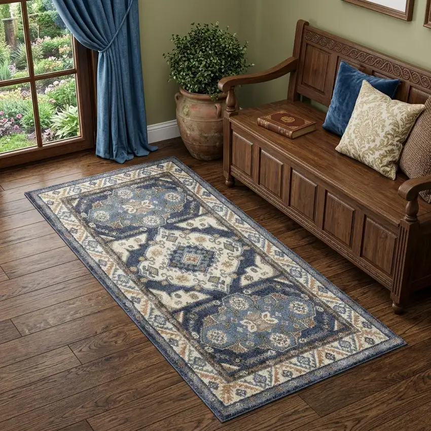 7' Blue And Rust Oriental Runner Rug Photo 1
