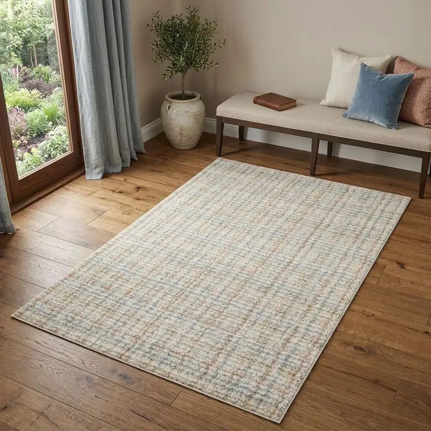 7' Blue And Rust Plaid Runner Rug Photo 1
