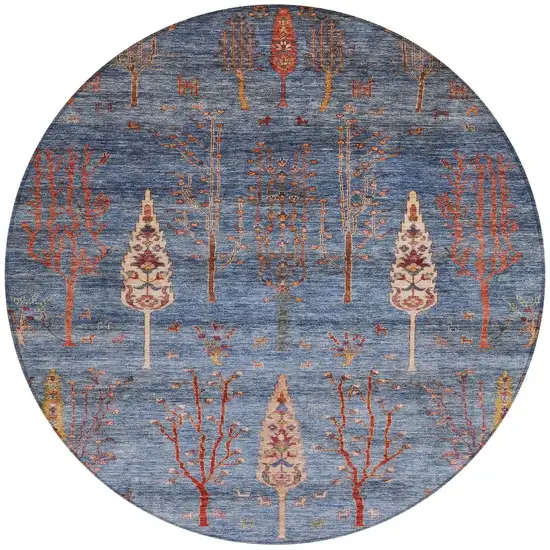 8' Blue And Rust Round Floral Washable Indoor Outdoor Area Rug Photo 3