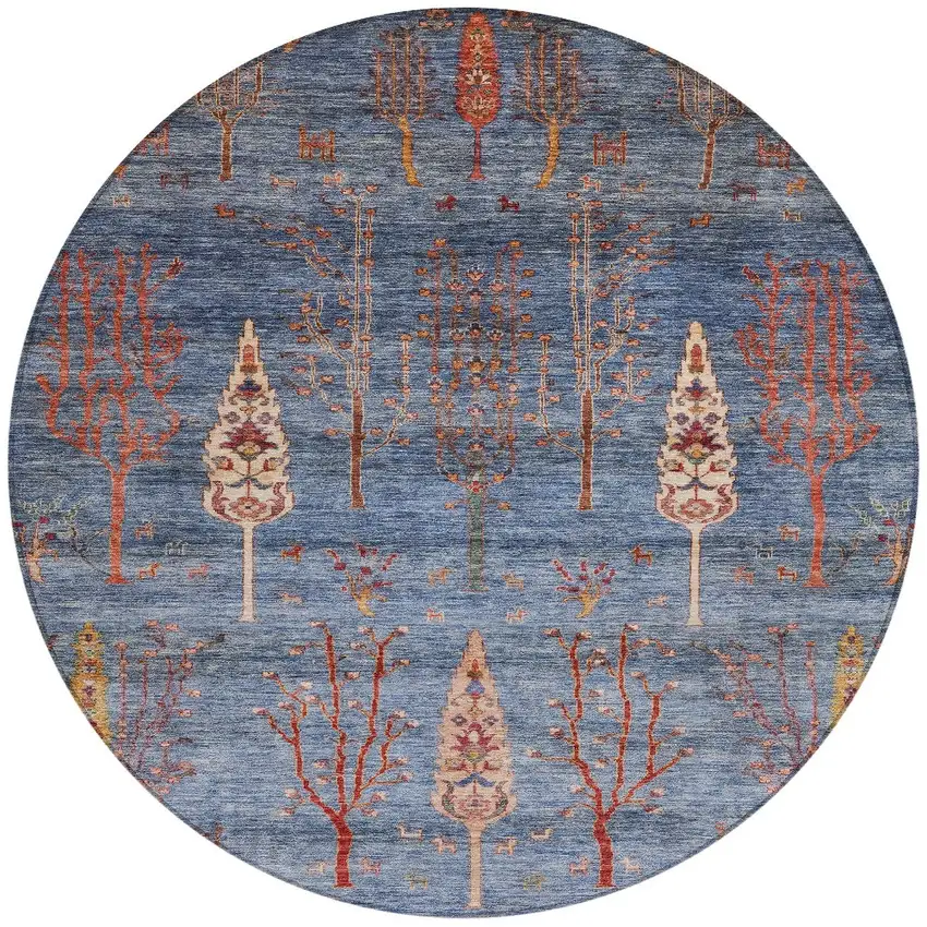 8' Blue And Rust Round Floral Washable Indoor Outdoor Area Rug Photo 3