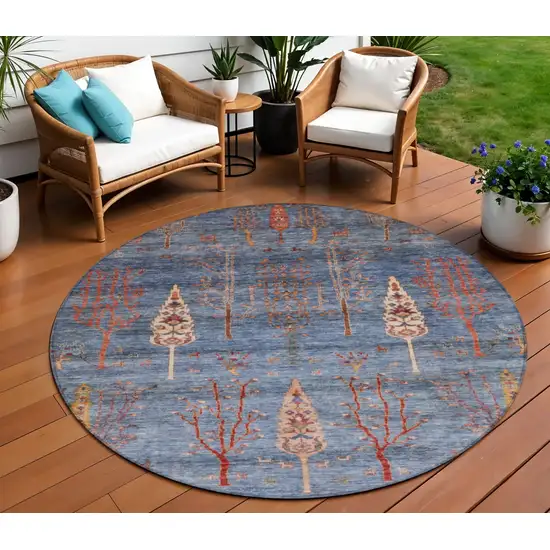 8' Blue And Rust Round Floral Washable Indoor Outdoor Area Rug Photo 2
