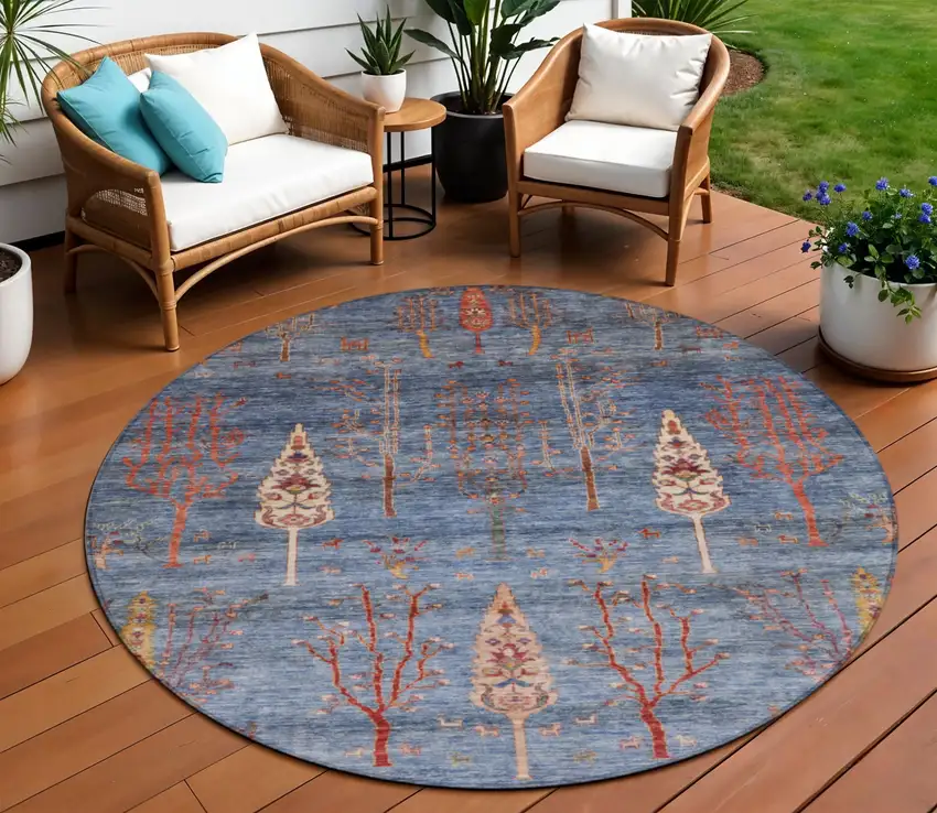 8' Blue And Rust Round Floral Washable Indoor Outdoor Area Rug Photo 2