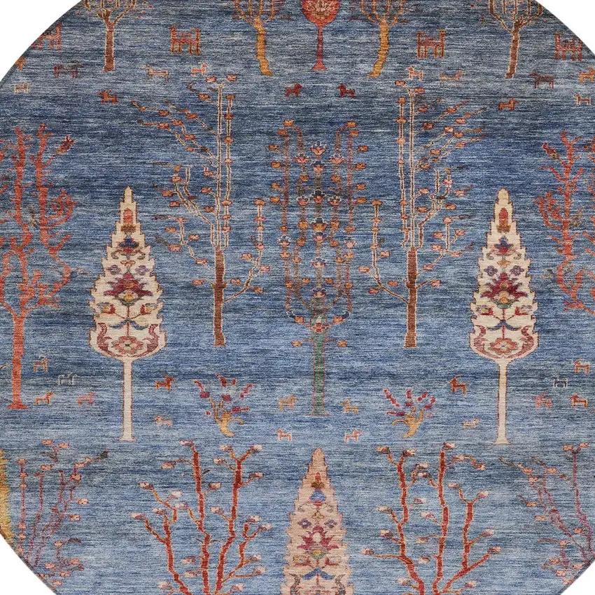 8' Blue And Rust Round Floral Washable Indoor Outdoor Area Rug Photo 8