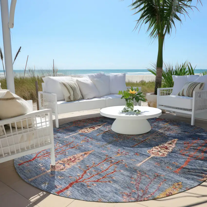8' Blue And Rust Round Floral Washable Indoor Outdoor Area Rug Photo 5