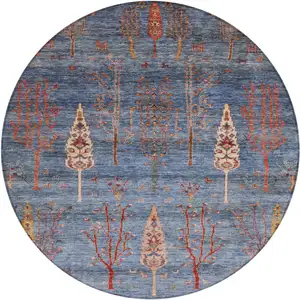 Photo of 8' Blue And Rust Round Floral Washable Indoor Outdoor Area Rug