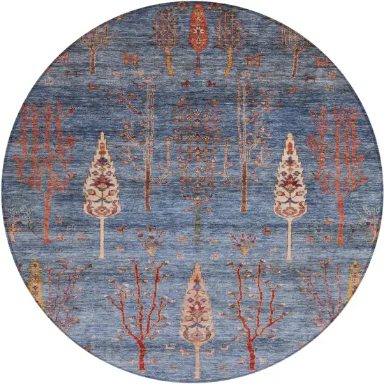 8' Blue And Rust Round Floral Washable Indoor Outdoor Area Rug Photo 1