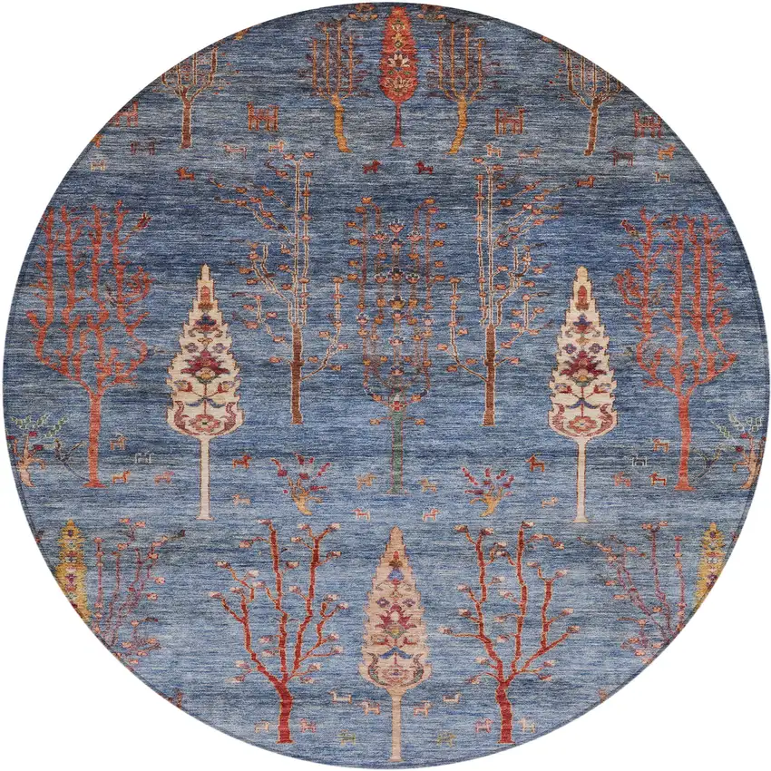8' Blue And Rust Round Floral Washable Indoor Outdoor Area Rug Photo 1