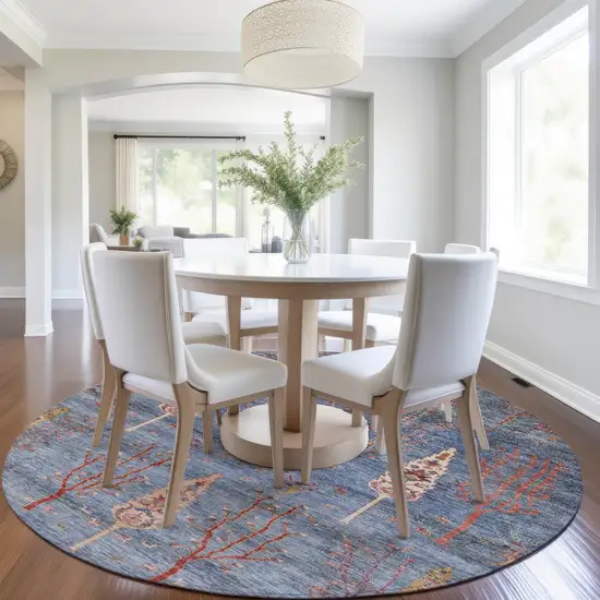 8' Blue And Rust Round Floral Washable Indoor Outdoor Area Rug Photo 6