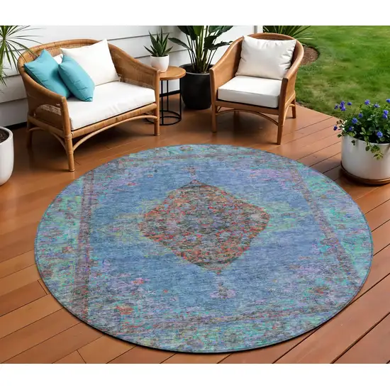 8' Blue And Rust Round Medallion Washable Indoor Outdoor Area Rug Photo 2