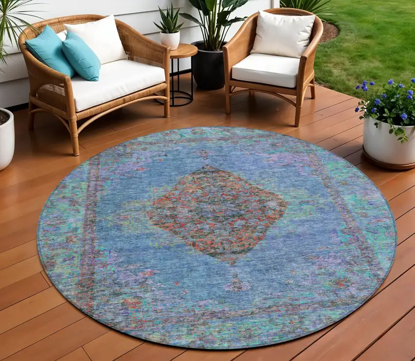 8' Blue And Rust Round Medallion Washable Indoor Outdoor Area Rug Photo 2