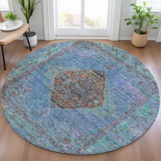 8' Blue And Rust Round Medallion Washable Indoor Outdoor Area Rug Photo 5