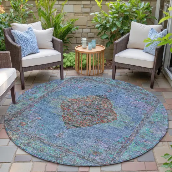 8' Blue And Rust Round Medallion Washable Indoor Outdoor Area Rug Photo 6