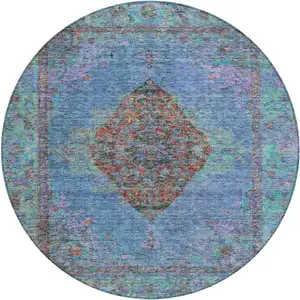 Photo of 8' Blue And Rust Round Medallion Washable Indoor Outdoor Area Rug