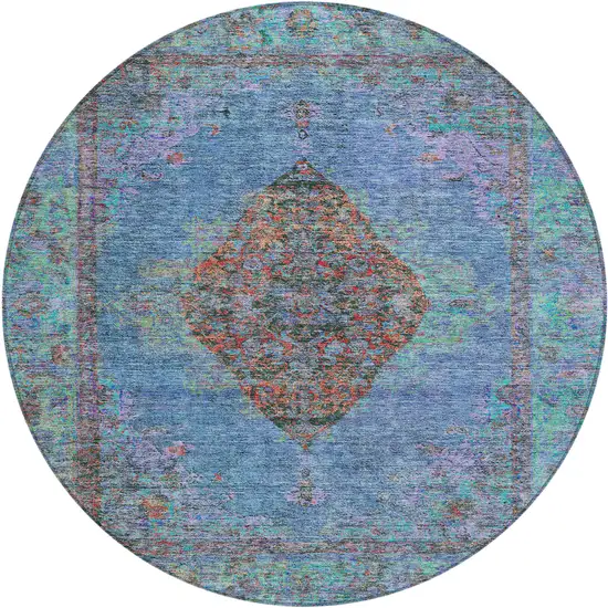 8' Blue And Rust Round Medallion Washable Indoor Outdoor Area Rug Photo 1