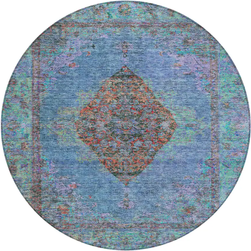 8' Blue And Rust Round Medallion Washable Indoor Outdoor Area Rug Photo 1