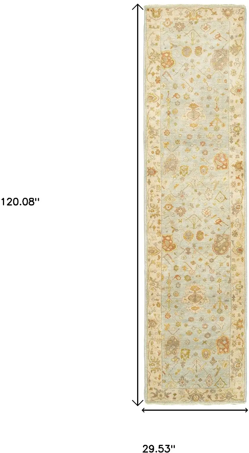 10' Blue And Sand Wool Oriental Hand Knotted Runner Rug Photo 3
