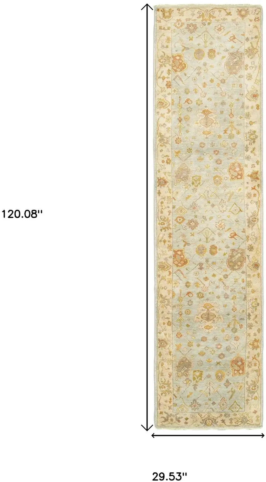 10' Blue And Sand Wool Oriental Hand Knotted Runner Rug Photo 3