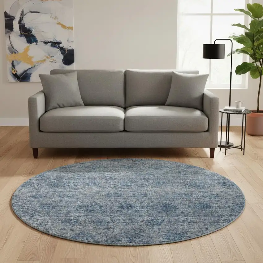 8' Blue And Silver Abstract Washable Round Rug With UV Protection Photo 2