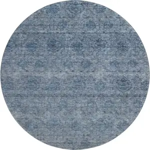 Photo of 8' Blue And Silver Abstract Washable Round Rug With UV Protection