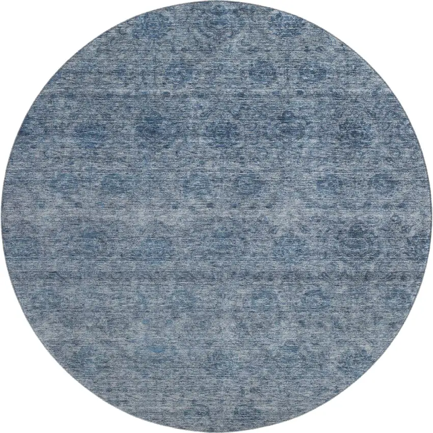 8' Blue And Silver Abstract Washable Round Rug With UV Protection Photo 1