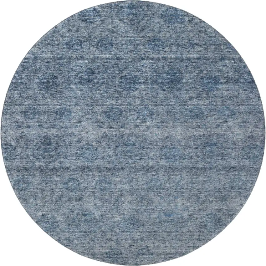 8' Blue And Silver Abstract Washable Round Rug With UV Protection Photo 3