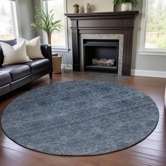 8' Blue And Silver Abstract Washable Round Rug With UV Protection Photo 4