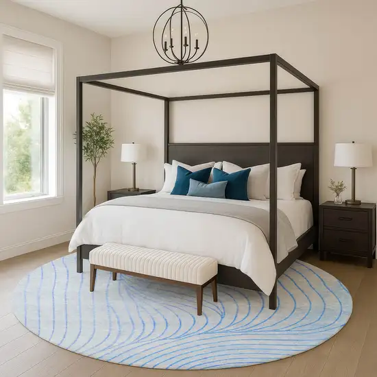 8' Blue And Silver Abstract Washable Round Rug With UV Protection Photo 5