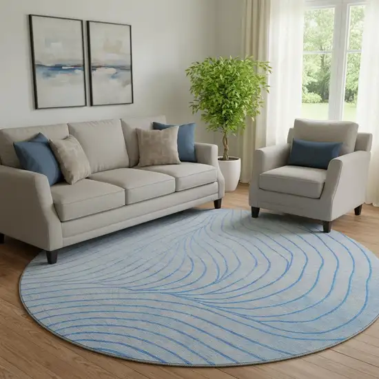 8' Blue And Silver Abstract Washable Round Rug With UV Protection Photo 2