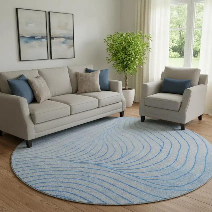 8' Blue And Silver Abstract Washable Round Rug With UV Protection Photo 2