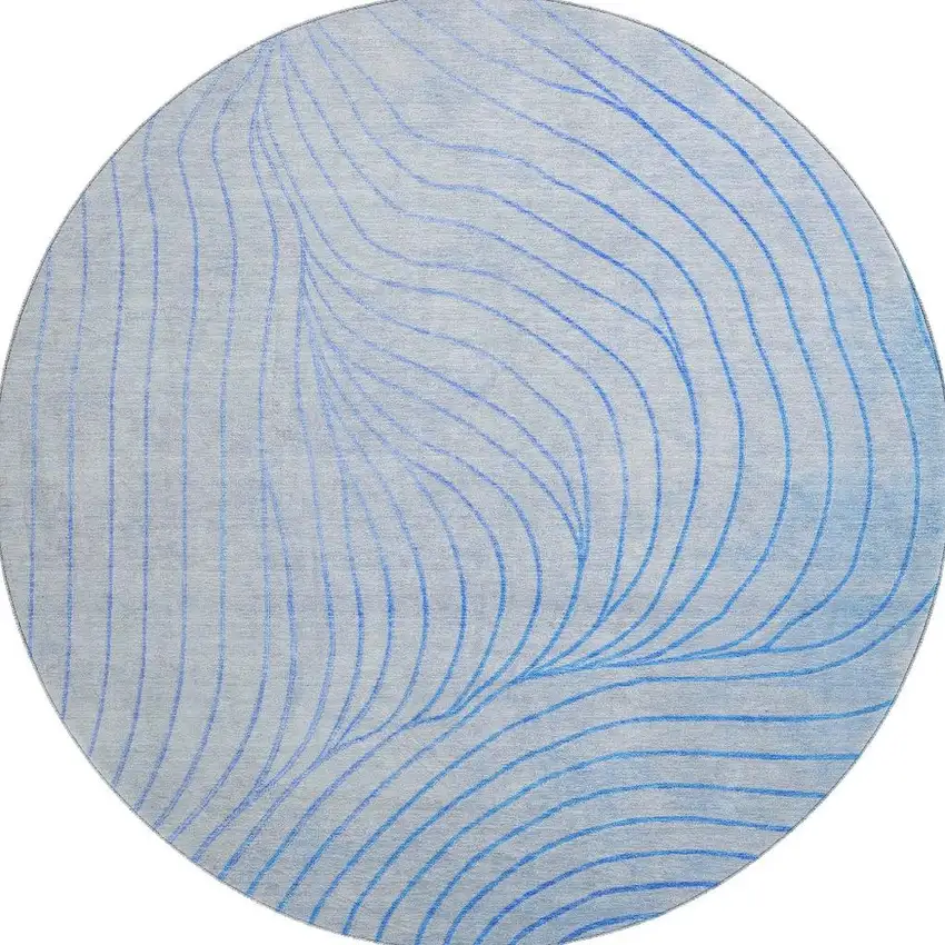 8' Blue And Silver Abstract Washable Round Rug With UV Protection Photo 4