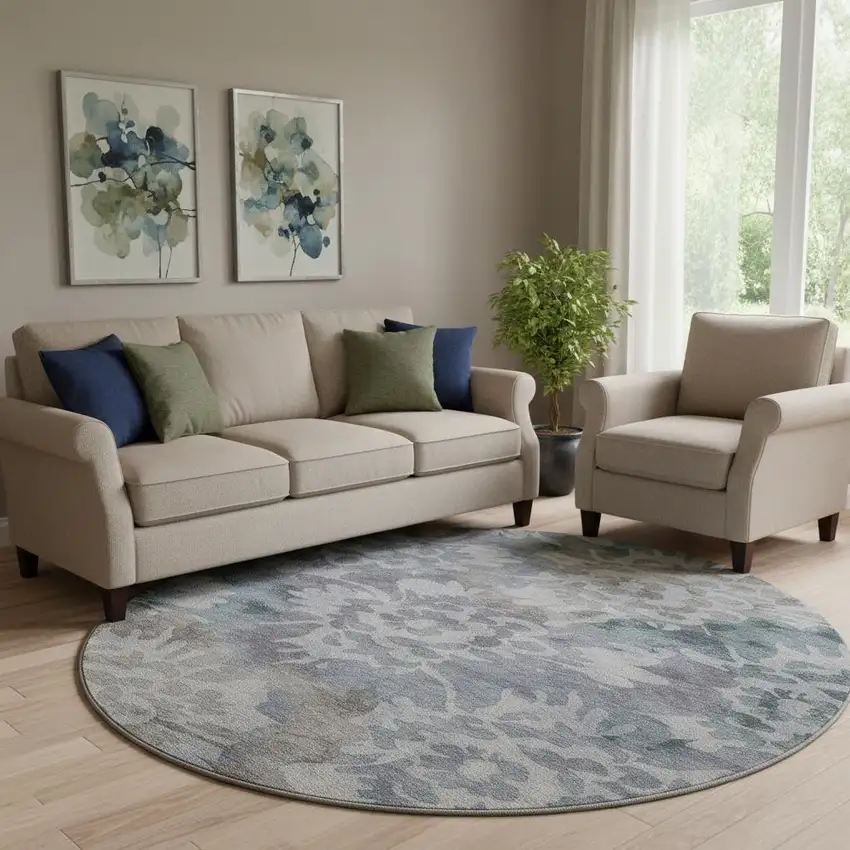 8' Blue And Silver Floral Washable Round Rug With UV Protection Photo 2