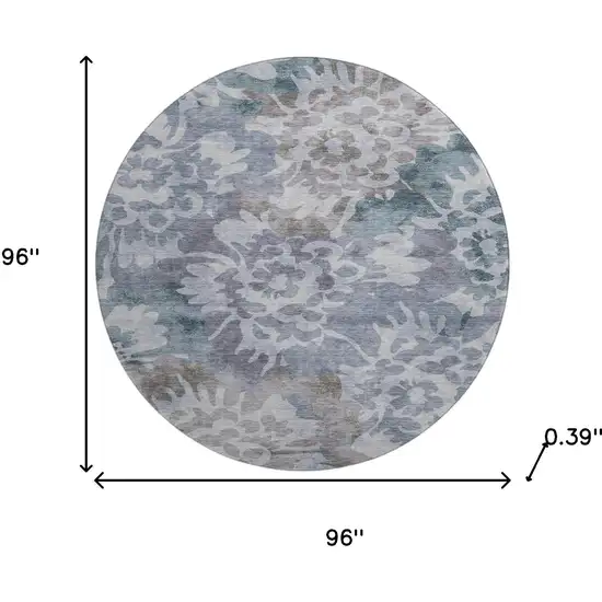 8' Blue And Silver Floral Washable Round Rug With UV Protection Photo 8