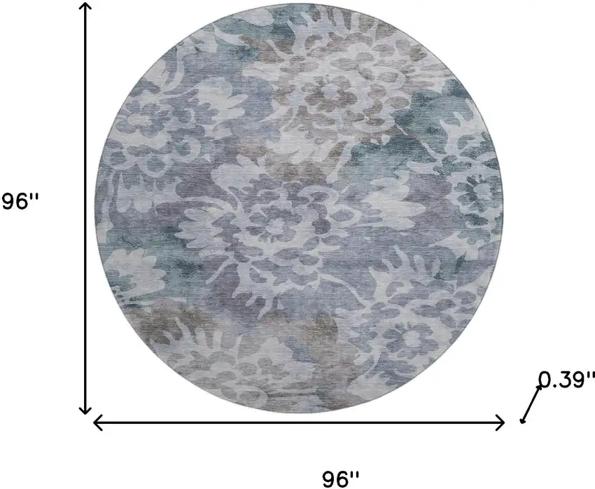 8' Blue And Silver Floral Washable Round Rug With UV Protection Photo 8