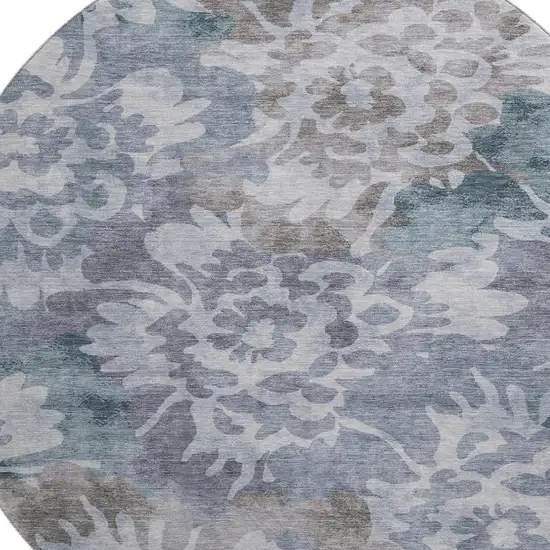 8' Blue And Silver Floral Washable Round Rug With UV Protection Photo 3