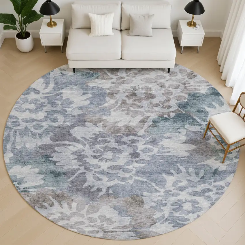 8' Blue And Silver Floral Washable Round Rug With UV Protection Photo 5