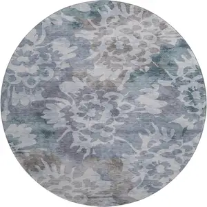Photo of 8' Blue And Silver Floral Washable Round Rug With UV Protection