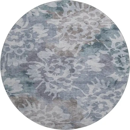 8' Blue And Silver Floral Washable Round Rug With UV Protection Photo 1