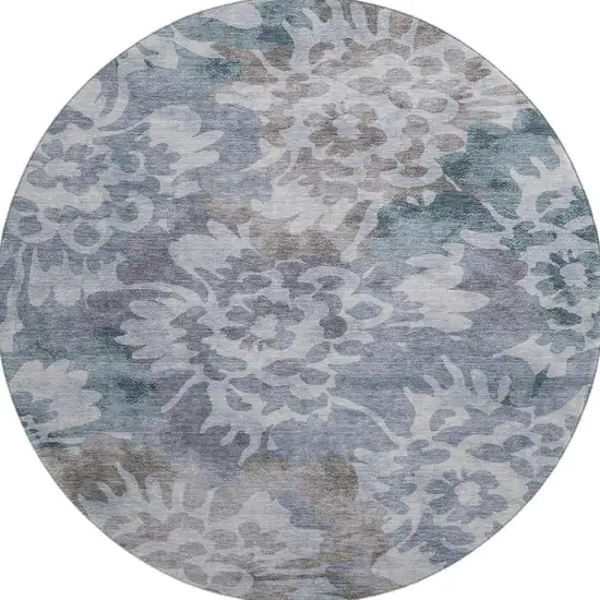 8' Blue And Silver Floral Washable Round Rug With UV Protection Photo 4
