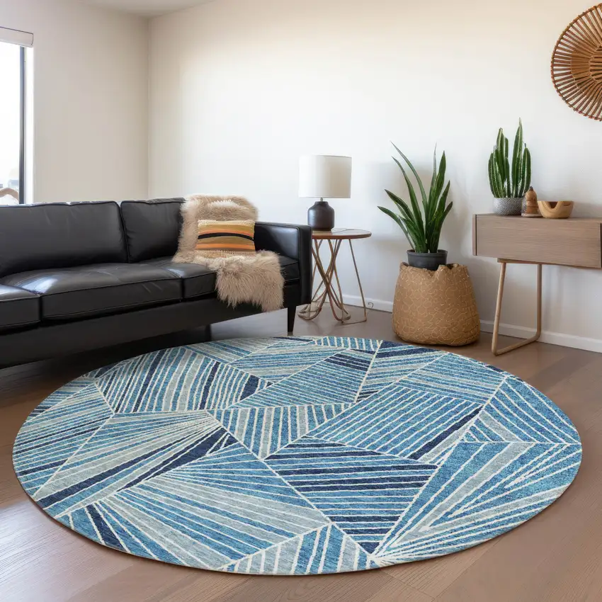 8' Blue And Silver Geometric Washable Round Rug With UV Protection Photo 5