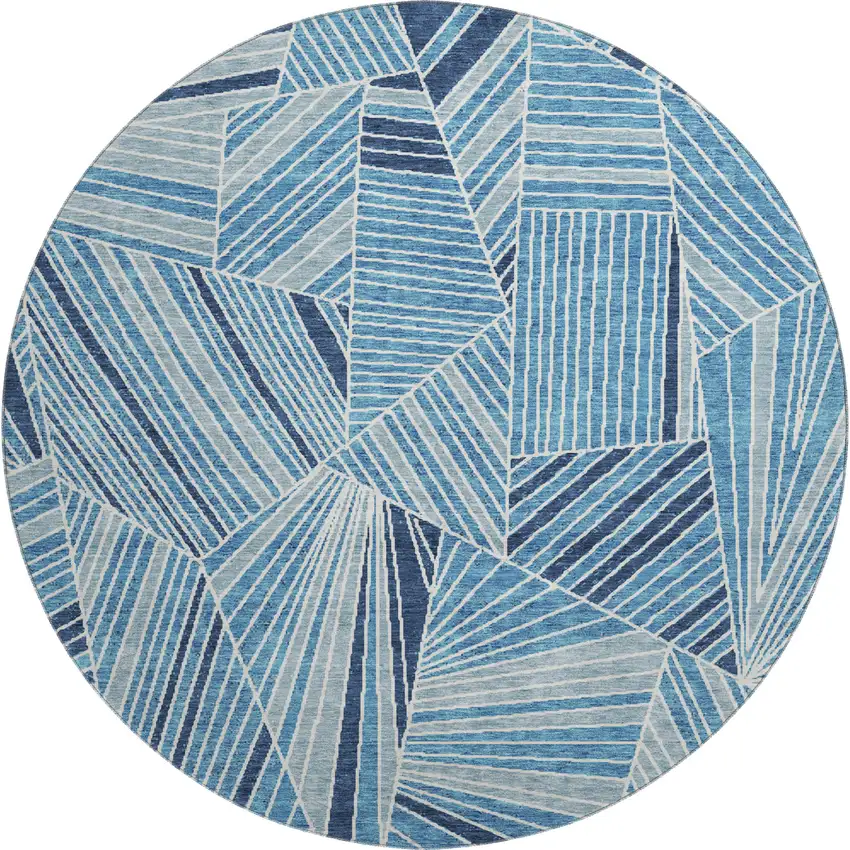 8' Blue And Silver Geometric Washable Round Rug With UV Protection Photo 1