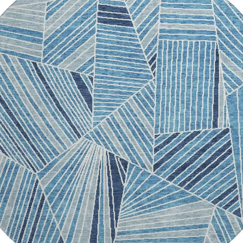 8' Blue And Silver Geometric Washable Round Rug With UV Protection Photo 3