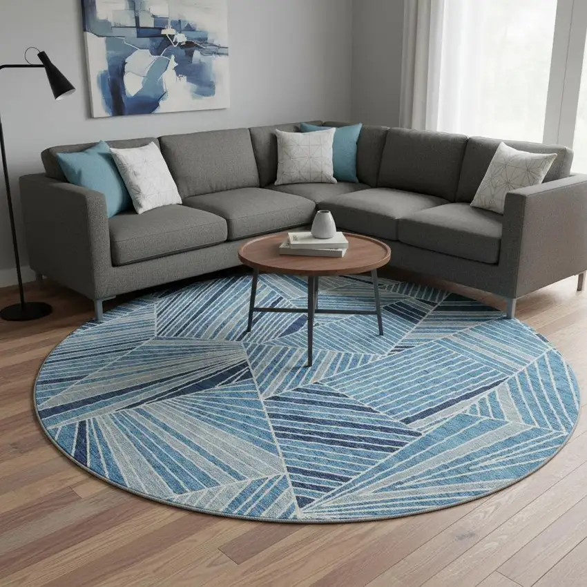 8' Blue And Silver Geometric Washable Round Rug With UV Protection Photo 2