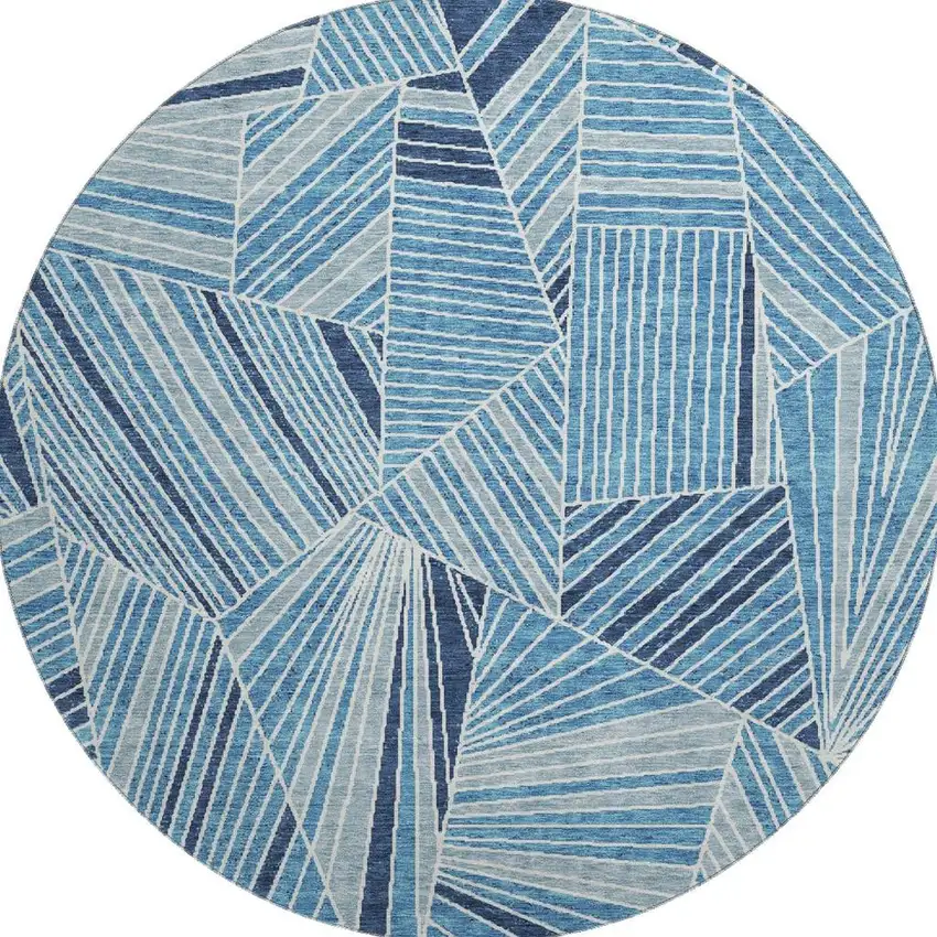 8' Blue And Silver Geometric Washable Round Rug With UV Protection Photo 4