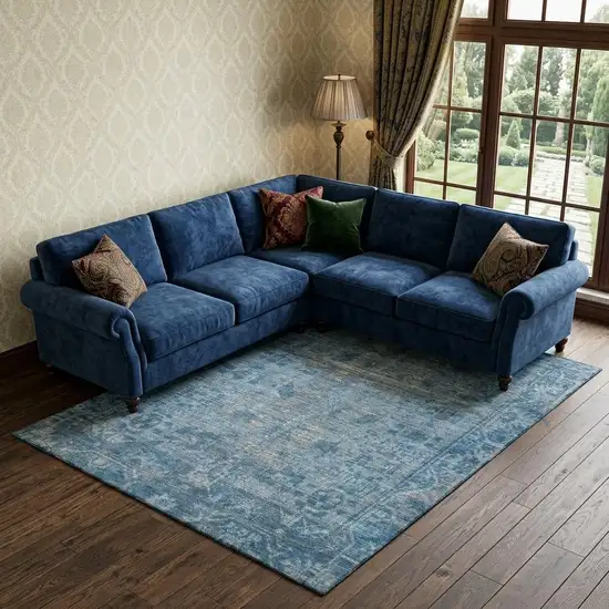 8' Blue And Silver Oriental Washable Area Rug With UV Protection Photo 1