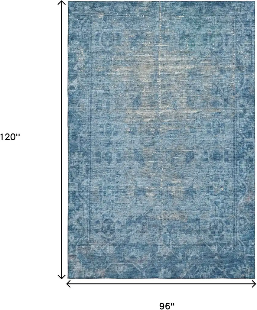 8' Blue And Silver Oriental Washable Area Rug With UV Protection Photo 7